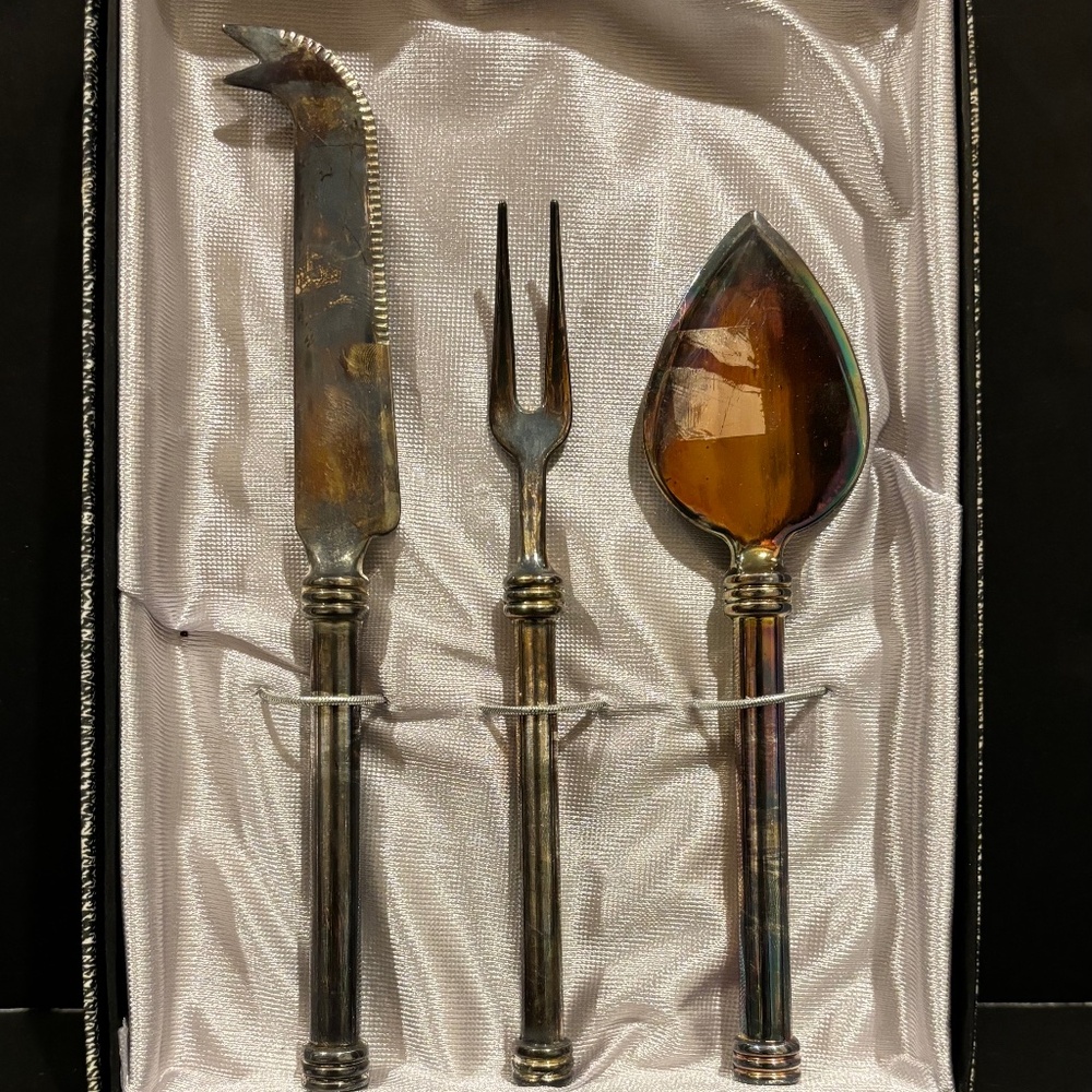 Vtg Appetizer Cheese Knife, Fork, Serving Set (Silverplate)
